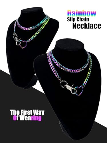 paloli Women's Slip Chain Rainbow Heart O-Ring Chunky Chain Necklace, Rays Cuban Long Layered Jewelry, Adjustable Lariat Y-Necklace Heart Loop Choker - color: A-Heart-Rainbow