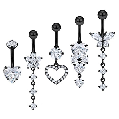 Vsnnsns 14G Dangle Belly Button Ring Piercing Jewelry 316L Stainless Surgical Steel Snake Heart Butterfly Flower Diamond CZ Navel Rings Dangling Belly Button Ring Piercing Jewelry for Women 14 Gauge - color: Black-Clear CZ