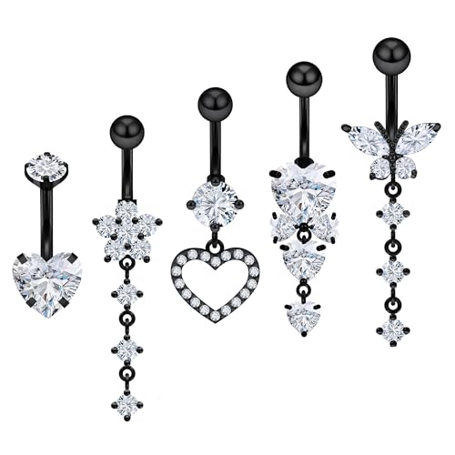 Vsnnsns 14G Dangle Belly Button Ring Piercing Jewelry 316L Stainless Surgical Steel Snake Heart Butterfly Flower Diamond CZ Navel Rings Dangling Belly Button Ring Piercing Jewelry for Women 14 Gauge - color: Black-Clear CZ