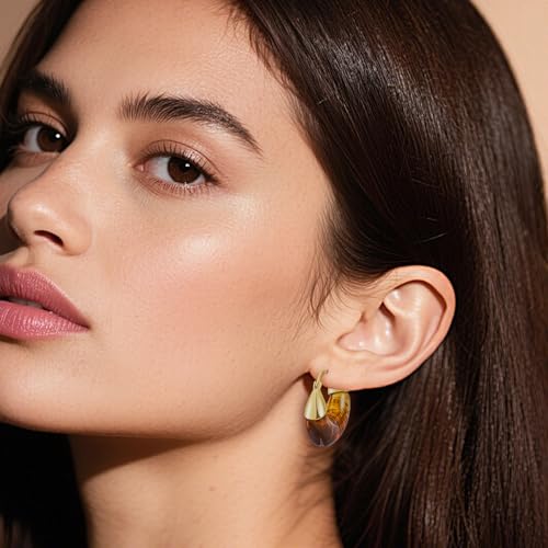 LAXPICOL Gold Chunky Dangle Earrings For Women Resin Stone Earrings Hoop Earrings, 18k Plated Oval Resin Stone Statement Earrings for Women Unique Dangling Teardrop Baroque Huggies Hoop Earrings - color: Brown-Teardrop 2