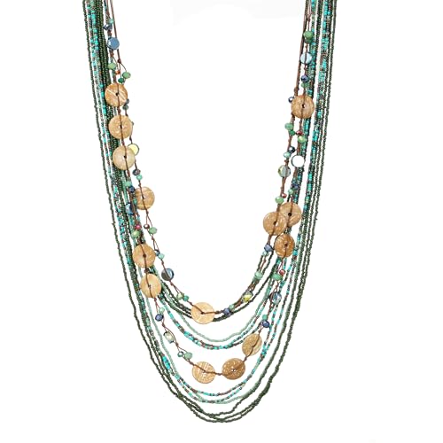 Elisheva Beaded Statement Necklace, Bohemian Layered Wood Bead and Turquoise Necklace, Chunky Coconut Shell Collar Necklace, Tribal Collar Jewelry for Women - color: multi layered green