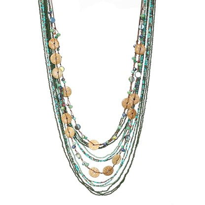 Elisheva Beaded Statement Necklace, Bohemian Layered Wood Bead and Turquoise Necklace, Chunky Coconut Shell Collar Necklace, Tribal Collar Jewelry for Women - color: multi layered green
