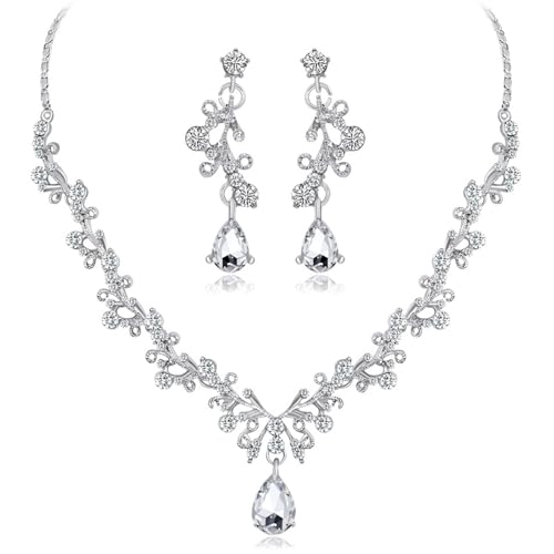 HUASAI Wedding Jewelry Sets for Brides Silver Necklace and Earrings Set Rhinestone Bridal Jewelry for Women Bridesmaid Homecoming Dresses Wedding Accessories Prom Formal Party Gifts - color: G:Wedding Jewelry Sets
