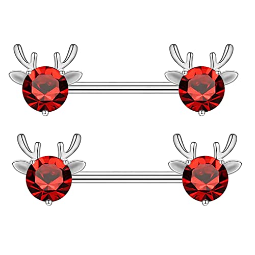 2PCS 14G 316L Stainless Steel Opal Nipple Rings Deer Head Nipple Barbell Nipple Piercings Jewelry for Women - color: Red