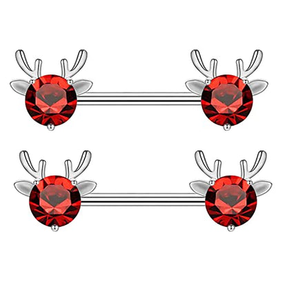 2PCS 14G 316L Stainless Steel Opal Nipple Rings Deer Head Nipple Barbell Nipple Piercings Jewelry for Women - color: Red