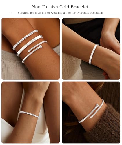 ZOERAY Silver Gold Bangle Bracelets for Women Non Tarnish 14k Gold Plated Stackable Cuff Bracelets for Women Trendy Cubic Zirconia Stainless Steel Chunky Bracelet Stack Set Waterproof Jewelry Gifts - color: B.Tennis-Silver