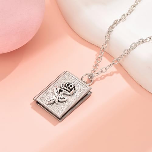 Photo Book Locket Necklace for Women Charm Choker Pendants that Holds Pictures Memorial Jewelry - color: Rose Flower Pattern