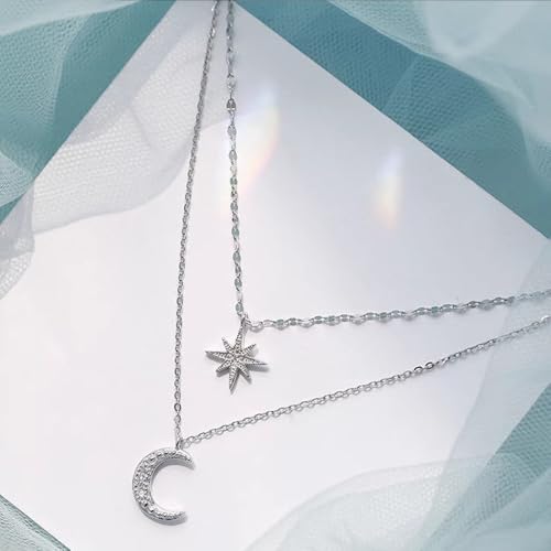 Silver Star Moon Charm Necklace for Women Layered Collarbone Chain Delicate Clavicle Chain Double Layer Necklaces for Woman - color: White K