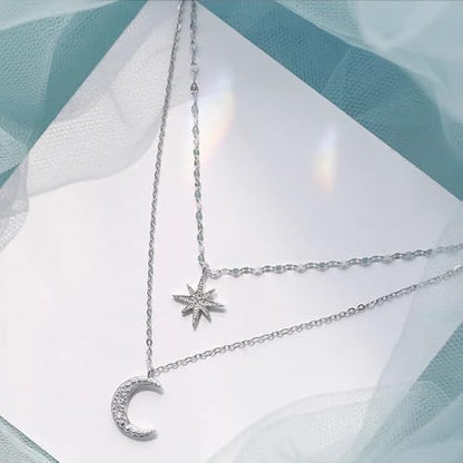 Silver Star Moon Charm Necklace for Women Layered Collarbone Chain Delicate Clavicle Chain Double Layer Necklaces for Woman - color: White K