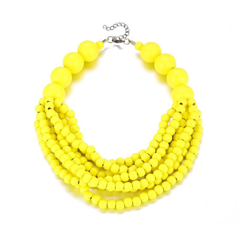 COLORFUL BLING Boho African Wooden Beaded Strands Necklace Ethnic Layered Chunky Collar Choker Wood Necklace for Women Hip Hop Statement Jewelry - color: yellow