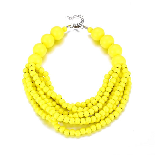 COLORFUL BLING Boho African Wooden Beaded Strands Necklace Ethnic Layered Chunky Collar Choker Wood Necklace for Women Hip Hop Statement Jewelry - color: yellow