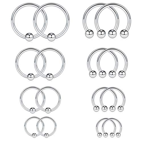 16-24PCS 16G Surgical Steel Horseshoe & Captive Bead Nose Hoop Septum Earring Eyebrow Tongue Lip Nipple Helix Tragus Piercing Jewelry Rings 6-16mm - color: 16PCS - Silver