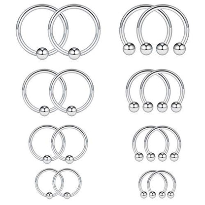 16-24PCS 16G Surgical Steel Horseshoe & Captive Bead Nose Hoop Septum Earring Eyebrow Tongue Lip Nipple Helix Tragus Piercing Jewelry Rings 6-16mm - color: 16PCS - Silver