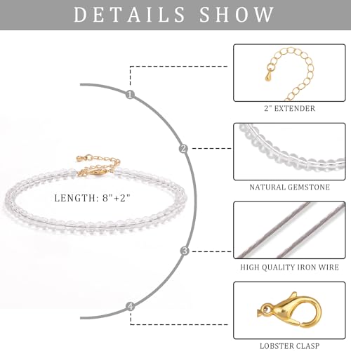 Natural Stone Beaded Anklets for Women, Handmade Boho Clear Quartz 4mm Crystal Beads Anklet, Gold Chain Adjustable Ankles Bracelet, Beach Summer Jewelry Gemstone Foot Bracelet Gift - color: Clear Quartz
