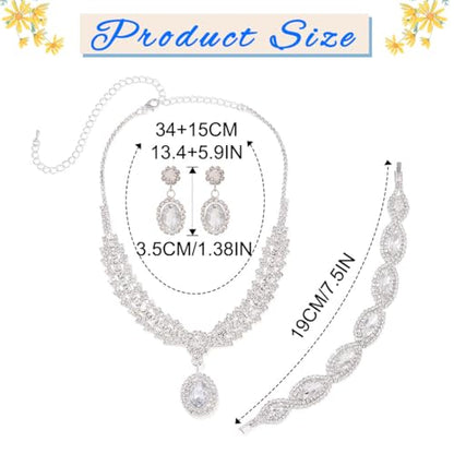 Silver Rhinestone Jewelry Sets Wedding Necklace Set for Women | Bridal Necklace Earrings Bracelet,Sparkly Crystal Prom Costume 3Pcs