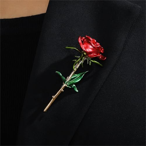 Red Rose Flower Brooches Pins for Women Men Elegant Crystal Flower Lapel Pin Retro Suit Hat Dress Accessories Wedding Valentine's Day Jewelry Gift - style: Red