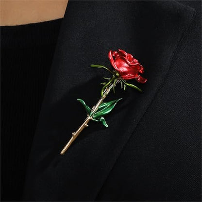 Red Rose Flower Brooches Pins for Women Men Elegant Crystal Flower Lapel Pin Retro Suit Hat Dress Accessories Wedding Valentine's Day Jewelry Gift - style: Red