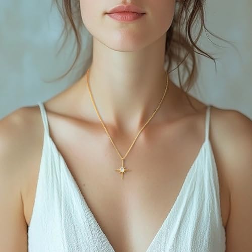 FENIMI Gold Necklace for Women 14K Gold Pendant Necklaces for Women North Star Necklace Pendant with Cubic Zirconia Gentle and Beautifully Bright Dainty Chunky Star Jewelry for Womens
