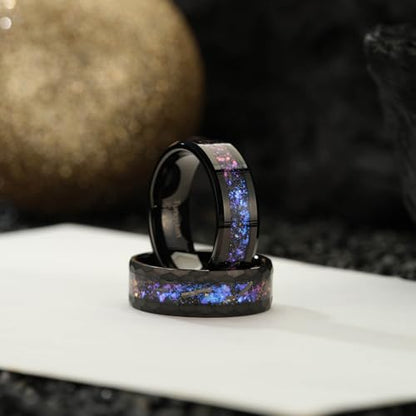 8mm Men's Tungsten Carbide Ring Gold/Black Hammered Meteorite Shavings Gold Foil Inlay Galaxy Nebula Green Opal Engagement Wedding Ring Matte Finish Comfortable Fit - color: 8mm- black tungsten