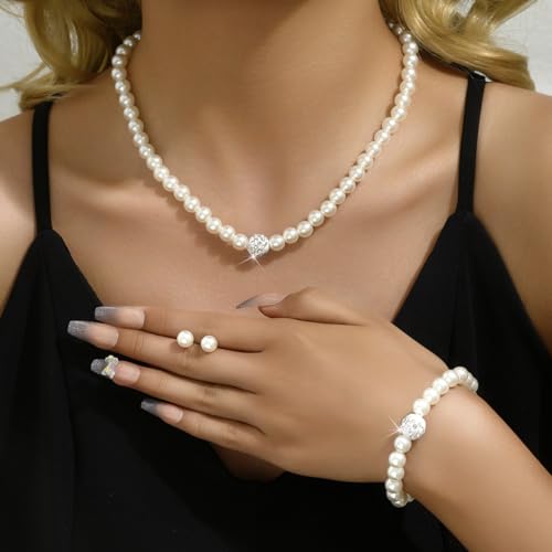 CSIYANJRY99 Pearl Necklace and Earring Set Faux Pearl Jewelry Sets for Women Imitation Beaded Pearl Necklace Bracelet Stud Earrings for Women - color: C