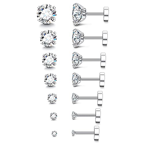 Fansilver 20G Hypoallergenic Flat Back Earrings for Women Men Silver 14K Gold Stainless Steel Stud Earrings Birthstone Cubic Zirconia Studs Surgical Steel Cartilage Earrings for Sensitive Ears - color: Silver