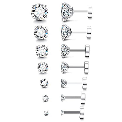 Fansilver 20G Hypoallergenic Flat Back Earrings for Women Men Silver 14K Gold Stainless Steel Stud Earrings Birthstone Cubic Zirconia Studs Surgical Steel Cartilage Earrings for Sensitive Ears - color: Silver