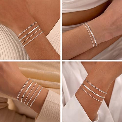 5Pcs Thin Silver Plated Bracelets Sets for Women Dainty | Silver Jewelry Trendy Stackable Rope Snake Box Figaro Chain Bracelets Pack Costume Fashion Gifts - style: 5Pcs BRACELET SET-01