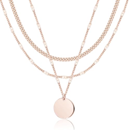WomenGifts Layered Gold Necklaces for Women, 14K Gold Sterling Silver Plated Dainty Pendant Necklace Set Non Tarnish, Chunky Stackable Cuban Chain Choker, Trendy Birthstone Vacation Jewelry Gift - color: Rose Gold, style: Mirror Coin