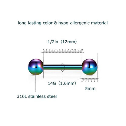 VCMART 12mm-18mm 14G Tongue Rings Nipple Straight Barbells Surgical Steel Body Piercing Jewelry - style: Style E2 -12pcs, rainbow