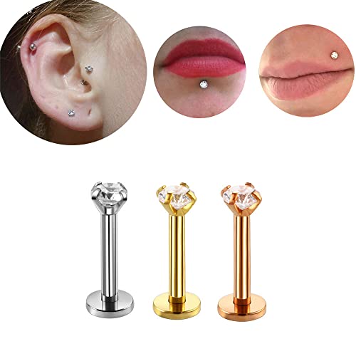 16g CZ Labret Cartilage Tragus Monroe Lip Nose Helix Diamond Studs Earrings for Women Men Stainless Steel Cubic Zirconia Piercing Jewelry 2mm 3mm 4mm 5mm 4 Pairs Set - style: gold