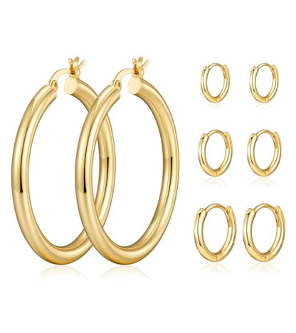 wowshow Gold Hoop Earrings for Women Chunky Hoops 14K Gold Plated Thick Hollow Tube Lightweight Earrings for Mother Birthday Gifts 20/25/30/40/50MM - color: Gold-40mm+10mm+8mm+6mm