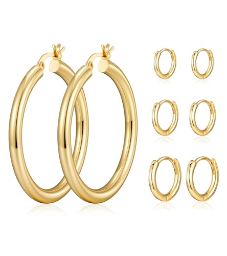 wowshow Gold Hoop Earrings for Women Chunky Hoops 14K Gold Plated Thick Hollow Tube Lightweight Earrings for Mother Birthday Gifts 20/25/30/40/50MM - color: Gold-40mm+10mm+8mm+6mm