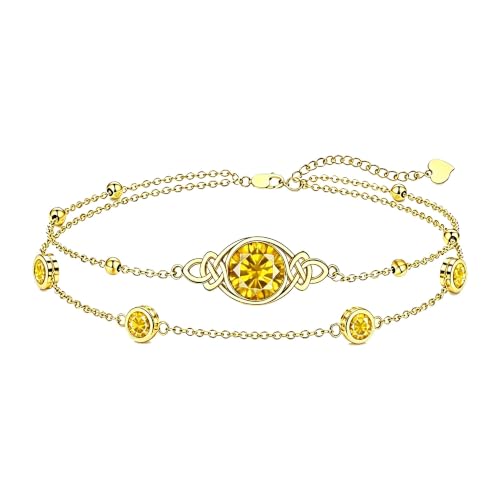 Midari 18K Gold Irish Infinity Celtic Knot Birthstone Layed Anklet Bracelet with 12 Months Birthstone Birthday Jewelry Gifts for Women Mom - color: 11-Yellow Topaz, size: Bracelet 7"-9"
