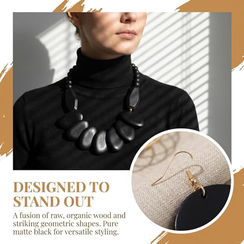 Coiris Chunky Wooden Necklace and Earring Set for Women Boho Statement Jewelry Ethnic Accessories - color: Black