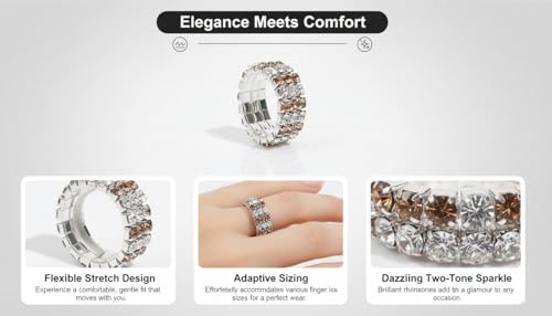 Sparkling Rhinestone Ring Set Trendy Elastic Rhinestone Crystal Stretch Ring Stackable Jewelry for Women Girls - color: 3 Rows Ring-Silver+White+Crystal Yellow