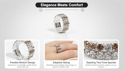 Sparkling Rhinestone Ring Set Trendy Elastic Rhinestone Crystal Stretch Ring Stackable Jewelry for Women Girls - color: 3 Rows Ring-Silver+White+Crystal Yellow