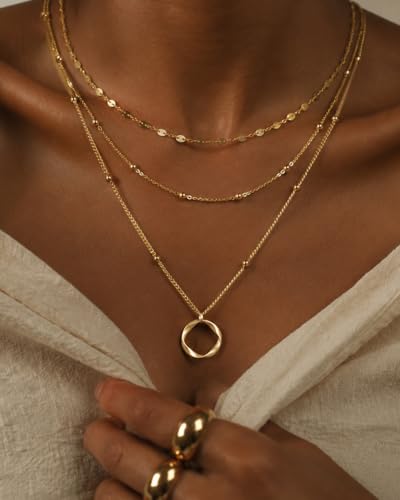 3 Pcs 14K Gold Plated Layered Gold Necklaces Stack for Women Pendant Set | Stackable Layering Design,Lightweight Fit,Tarnish-Resistant Finish,Adjustable Size,Less Tangling,Pretty Gift Jewelry - color: Gold Circle