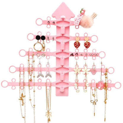 5-Tier Hanging Jewelry Organizer, Wall Mounted Earring Necklace Holder with Multiple Hooks, Space-Saving Display Rack for Earrings Necklaces Bracelets Rings (Pink)