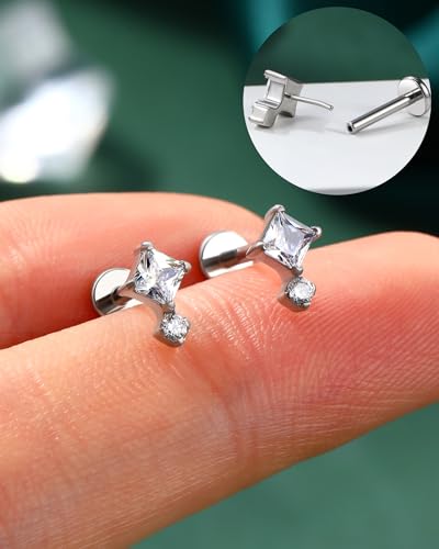 COCHARM 16G Threadless Labret Stud Earrings Flat Back Helix, Tragus, Cartilage,Conch Piercing Jewelry Square CZ Push Pin Lobe Stud 6mm 8mm 316L Steel Silver, Gold - color: Silver, size: 1.2x8mm