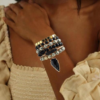 Yomisa Boho Beaded Bracelets/Bangle for Women,Multilayer 5/6/7PCS Healing Natural Handmade Stone Bead Bracelets Stackable Stretch Friendship Beaded Bracelet Set Trendy Western Bohemian Jewelry Gift - color: 6pcs-Black&beige