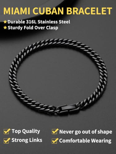 ChainsHouse Stainless Steel Cuban Link Bracelet, 6mm/8mm/12mm/17mm Width, 7.5"/8.3"/9", Black/ 18K Gold Plated Chain Wrist Bracelets for Men Women, Send Gift Box - color: H: Black-6mm width