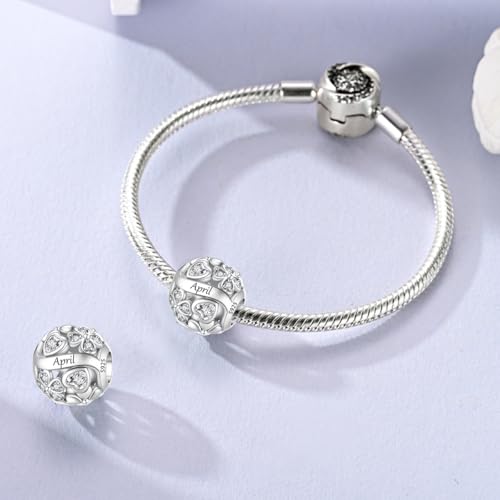 LNQOBU 925 Sterling Silve Lucky Birthstone Charm for Bracelets, With 5A Cubic Zirconia Birthday Charms Dangle Pendant Bead for Pandora Bracelets and Necklaces - color: D1-April
