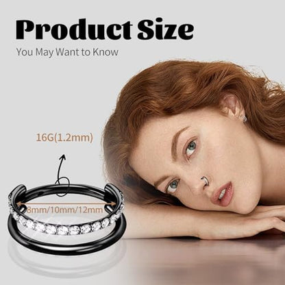 G23 Titanium Conch Piercing Jewelry Hoop: 16G 8mm/10mm/12mm Diamond Cartilage Earring Helix Double Piercing Hoop Septum Rings Hypoallergenic Nose Rings Hinged Segment Clicker Lip Rings Rook Daith Tragus Earrings - color: Black-Double Layers, One Row CZ