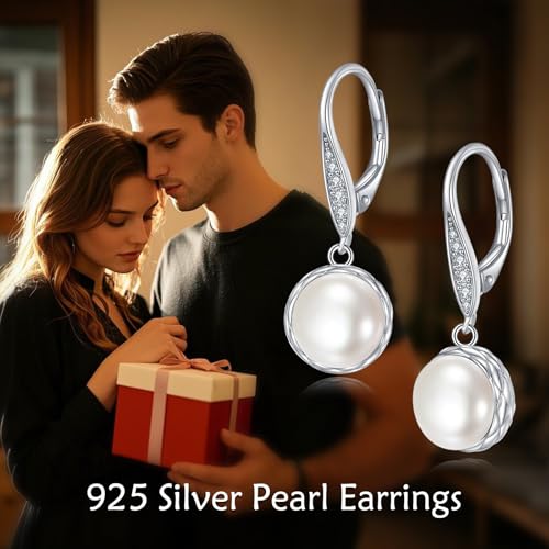 925 Sterling Silver 8mm Pearl Dangle Drop Earrings Moonstone Larimar Opal Rose Quartz Black Pearl Leverback Earrings for Women Christmas Gifts for Her - style: Pearl Earrings