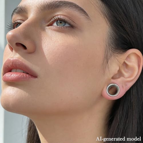 12G-25mm Double Flare Thin Gauges Tunnels Plugs Stretching Kit 316L Surgical Stainless Steel Hollow Gauge Tunnel Plug for Ear 12G 10G 8G 6G 4G 2G 0G 00G 12mm 14mm 16mm 18mm 20mm 22mm 25mm - color: Silver Tone, size: 12G(2.0mm)-14mm