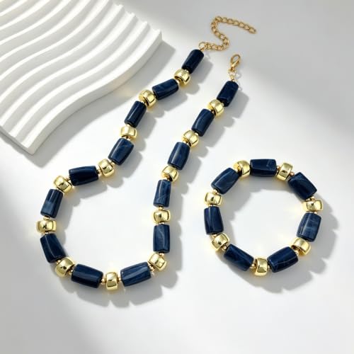 YBMYCM Colorful Resin Beaded Necklace Bracelet Set for Women, Adjustable Chunky Choker Necklace with Stretch Bracelet, Boho Statement Summer Beach Jewelry Gift for Her - color: Dark blue
