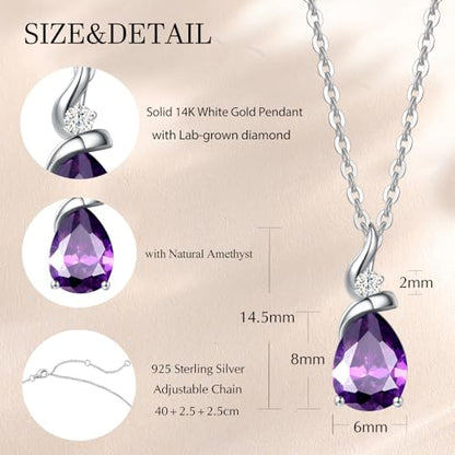FANCIME 14K Solid White Gold Birthstone Pendant Necklace for Women with Diamond Pear Shaped Teardrop Necklace Birthday Gifts for Mom Women,Sterling Silver Chain 16" + 2" Extender - color: 02-Amethyst