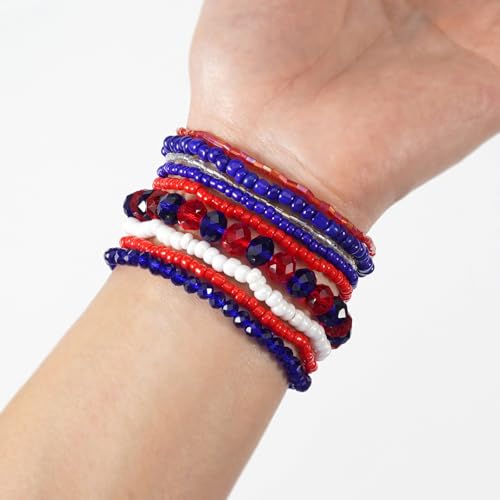 Ardorchid Halloween Bracelets for Women Pumpkin Ghost Steleton Bat Skull Beaded Stackable Stretchy Bracelet Rugby Thanksgiving Christmas Heishi Bracelets - color: Red White and Blue Bracelet