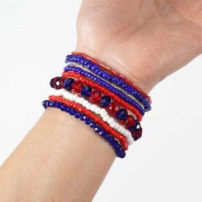 Ardorchid Halloween Bracelets for Women Pumpkin Ghost Steleton Bat Skull Beaded Stackable Stretchy Bracelet Rugby Thanksgiving Christmas Heishi Bracelets - color: Red White and Blue Bracelet