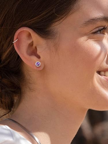 Suplight 925 Sterling Silver Birthstone Stud Earrings for Women, Round/Heart/Teardrop/Square Crystal Diamond Earrings for Women, Dainty Birthday Gifts Jewelry - color: style a-02. round-February(Created Amethyst)